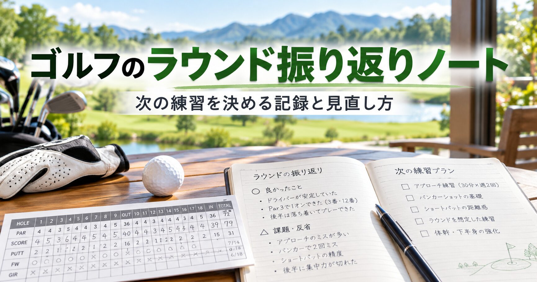ゴルフ場を背景に、スコアカードとラウンド振り返りノートを広げた様子