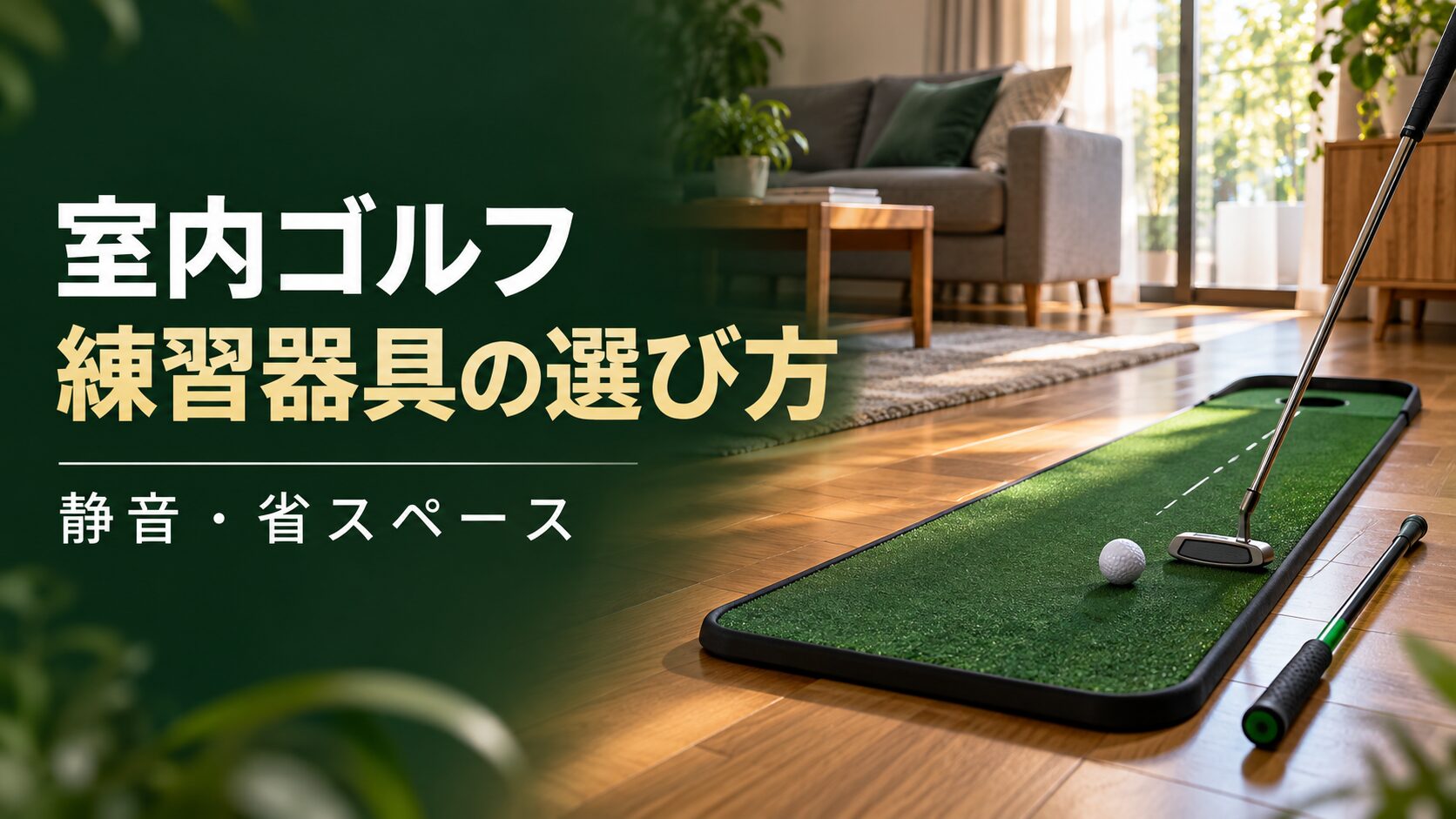 室内に置かれたパターマットとゴルフ練習器具